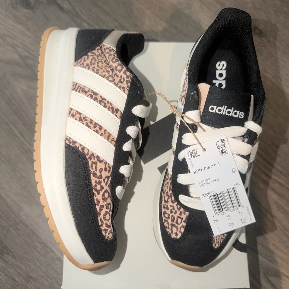 Adidas Kids Run 70s 2.0 J Shoes Sneakers Leopard Black JQ0693 Youth 4 NEW